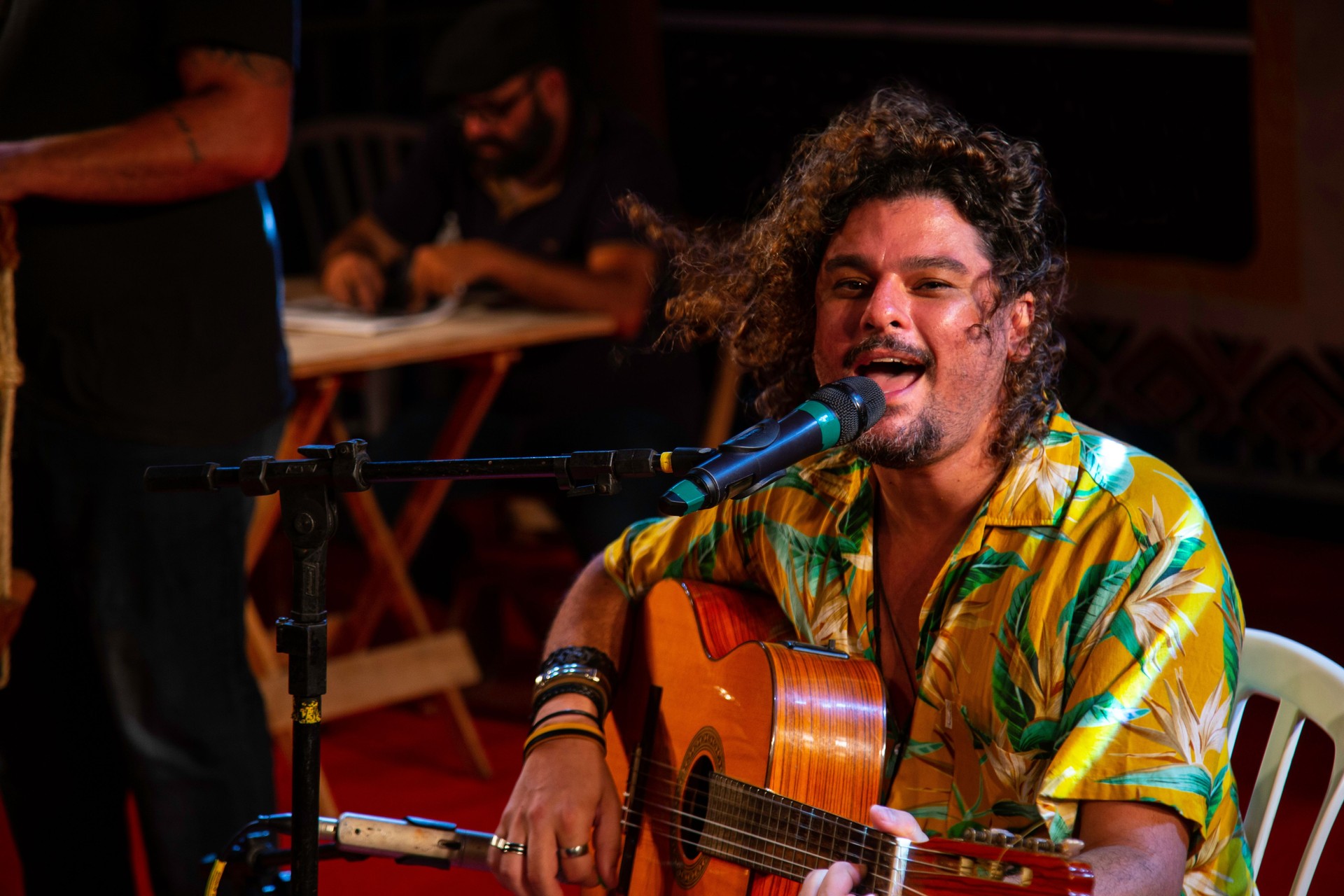 Man singing and playing acustic guitar at a concert